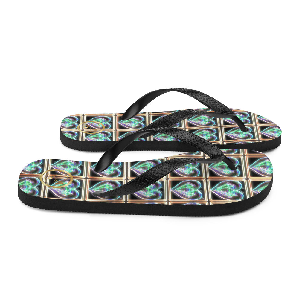 Women's Electric Heart Blue Green Flip-Flops