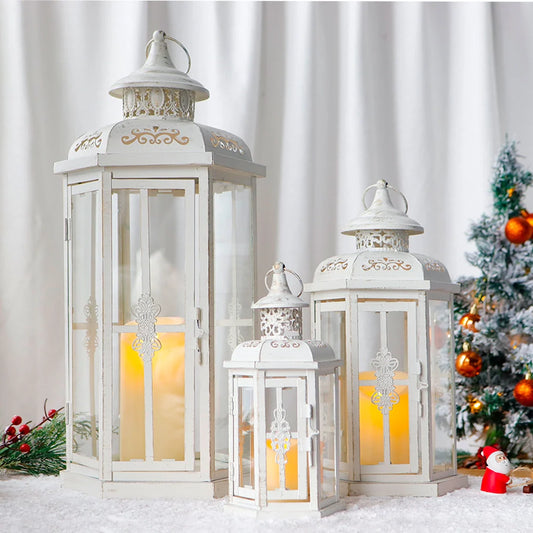 Set of 3-20''&14"&10" H Candle Lanterns (White with Gold Brush)