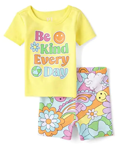 The Childrens Place Baby Toddler Girl Sleeve Top and Shorts Snug Fit 100% Cotton 2 Piece Pajama Set Be Kind - 0-3 Months - # BAAA81810008