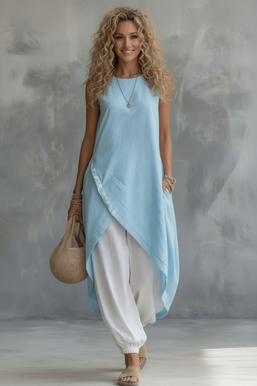 Casual Women Summer 2PCS Matching Set O-Neck Irregular Long Shirt