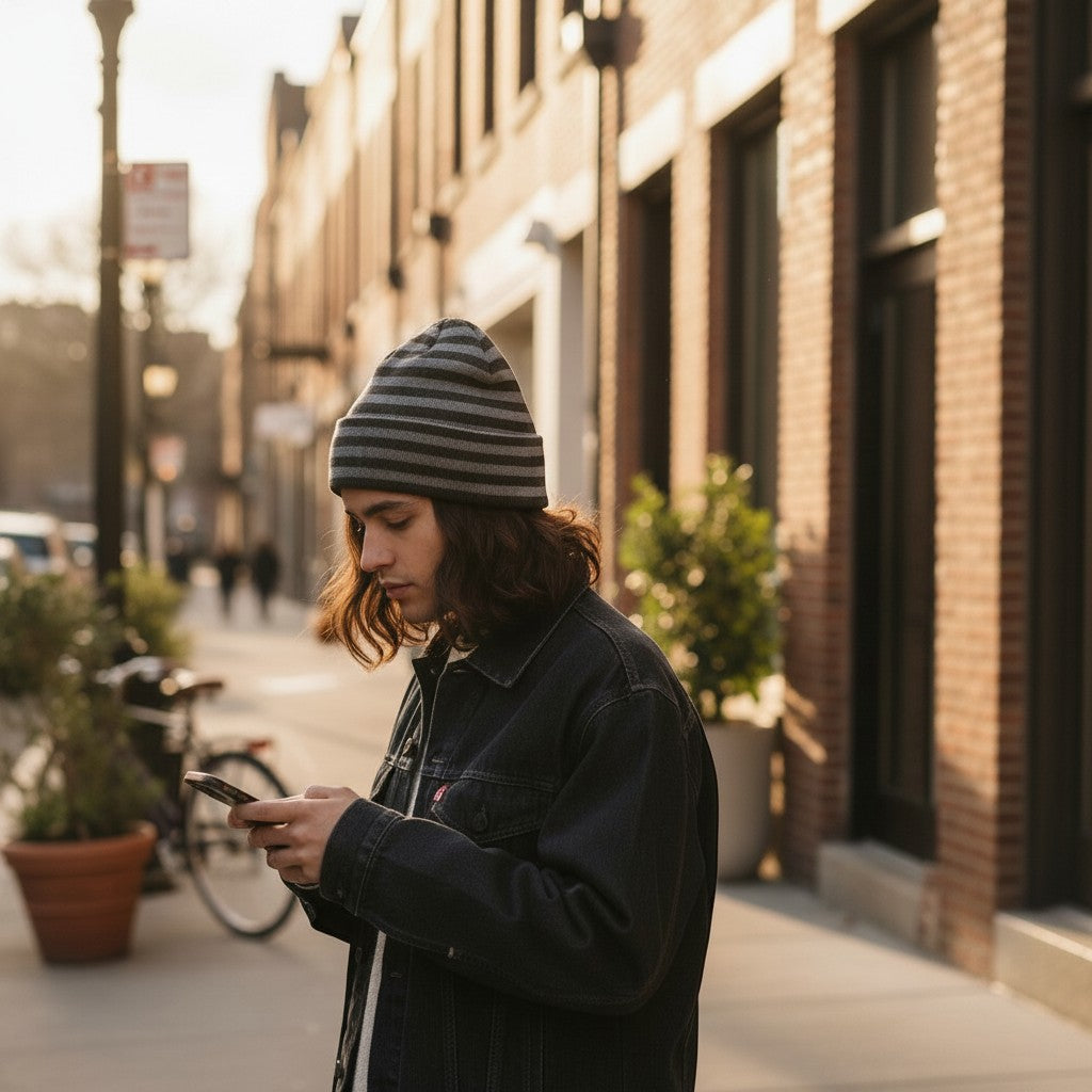 Beware Skull Knit Beanie Striped