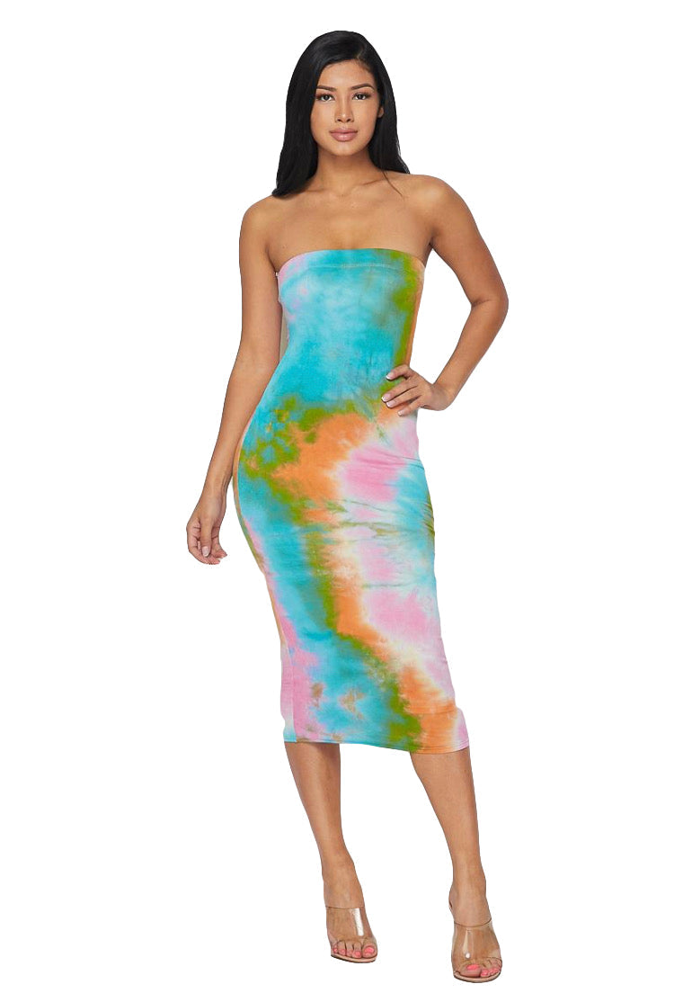 Vestido tubo Tie Dye - Turquesa/Rosa/Naranja