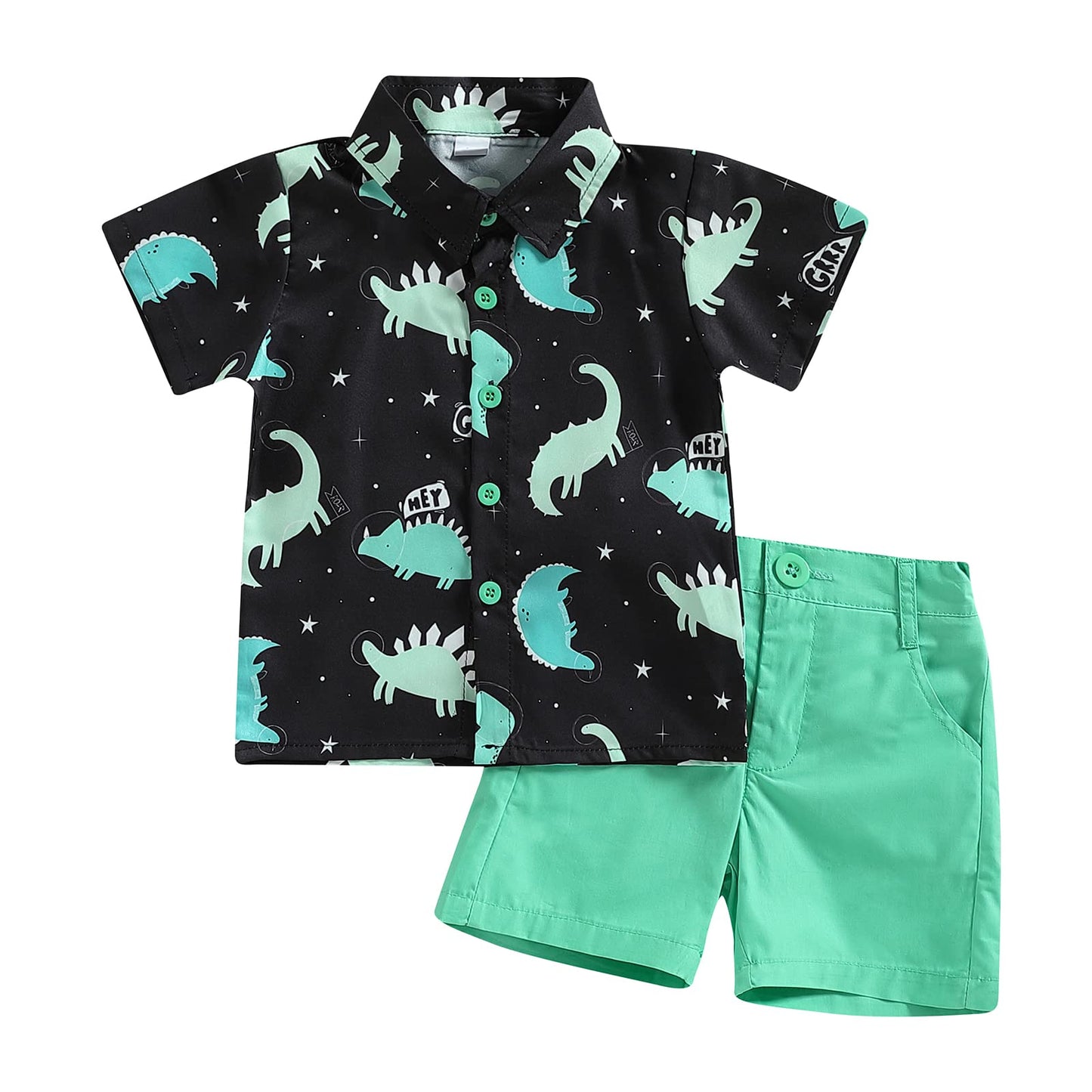 Toddler Boys Summer Outfits | Floral Shirts & Casual Shorts | Sets | Dinosaur | Green | 3-4 Years - # BOAA11310015
