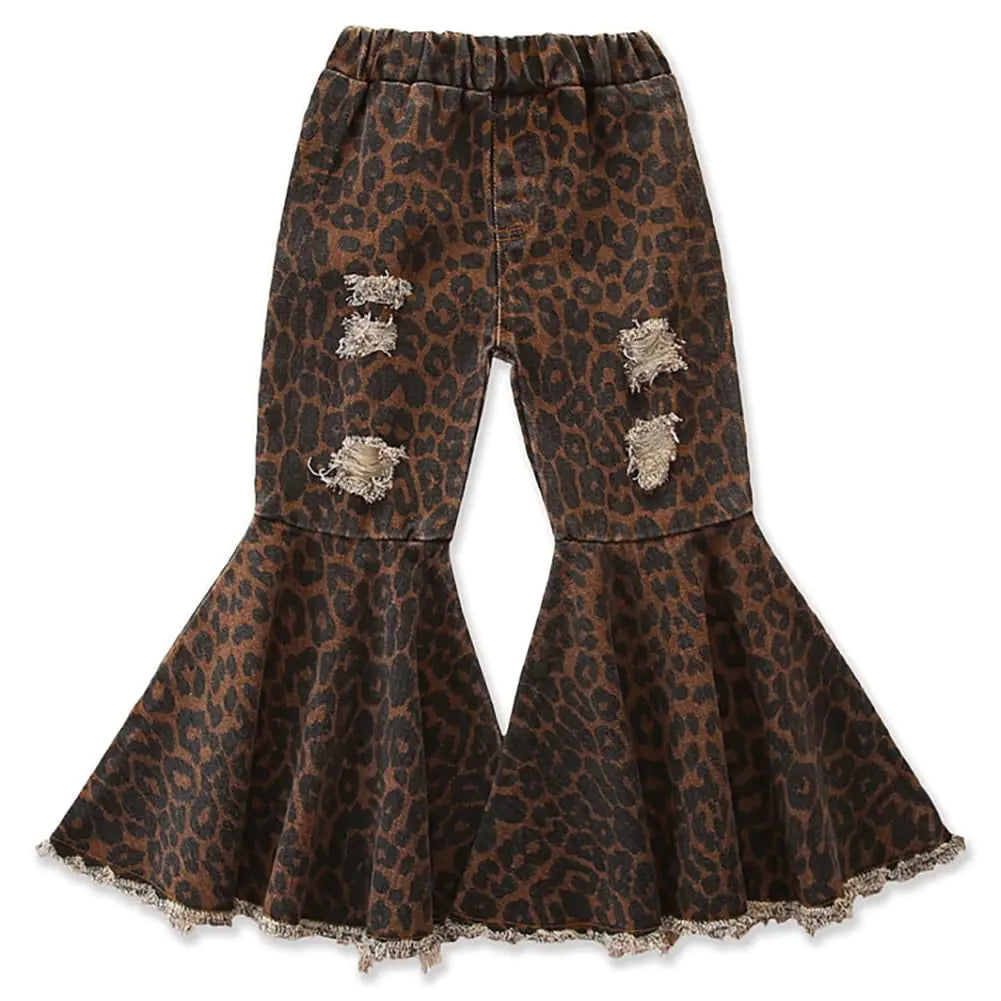 Toddler Kids Girls Denim Jeans Bell Bottom Flare Pants-Ripped Denim Leggings Trousers Cheetah-3-4 Years - # GIAA21410003