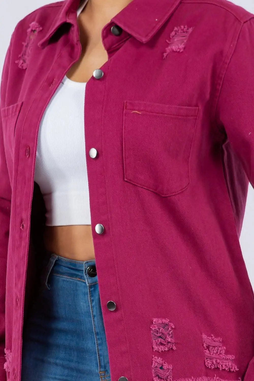 Camisas Trendsi Chaqueta de mezclilla distressed de manga larga
