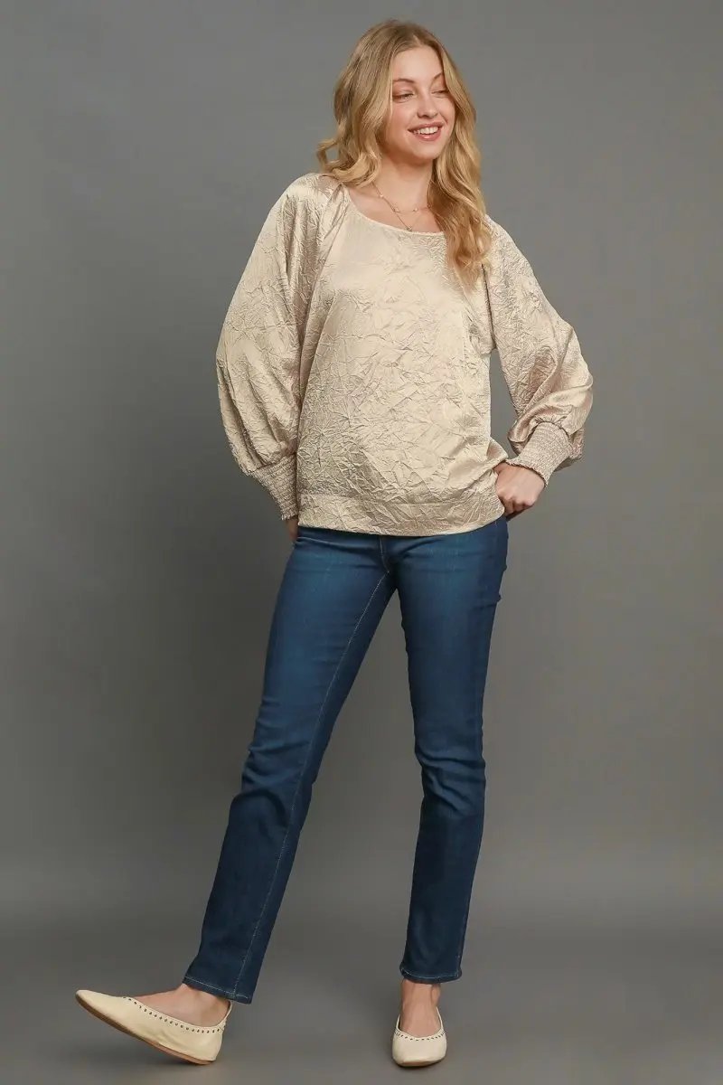 Trendsi Wrinkled Blouse Women's Casual Top USA Made Lantern Sleeve Shirt