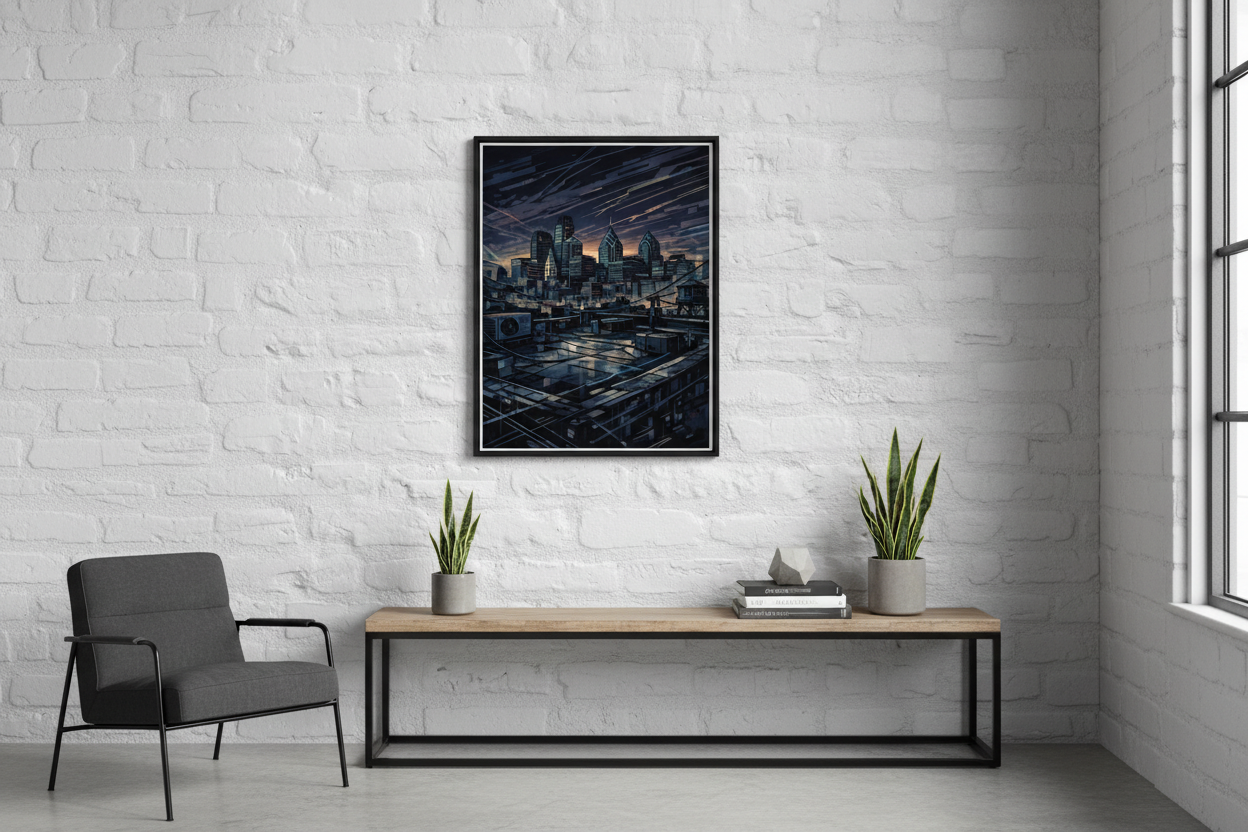 Urban Philly Rooftop Poster | Glitch Line Art Philadelphia Skyline