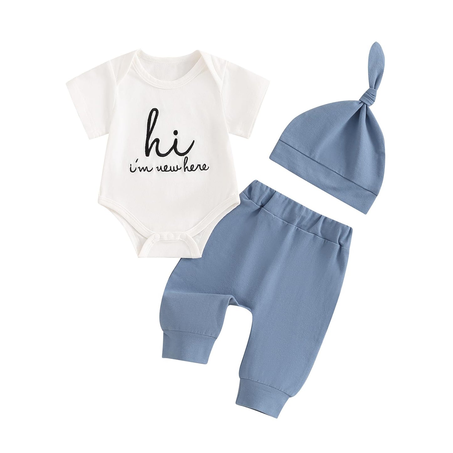 Ursobutegl | Newborn Baby Boy & Girl Clothes | I'm New Here Printed Romper | Bodysuit Pants Set with Hat | Coming Home Hospital Outfits| Blue | 0-6 Months - # BAAA51210064