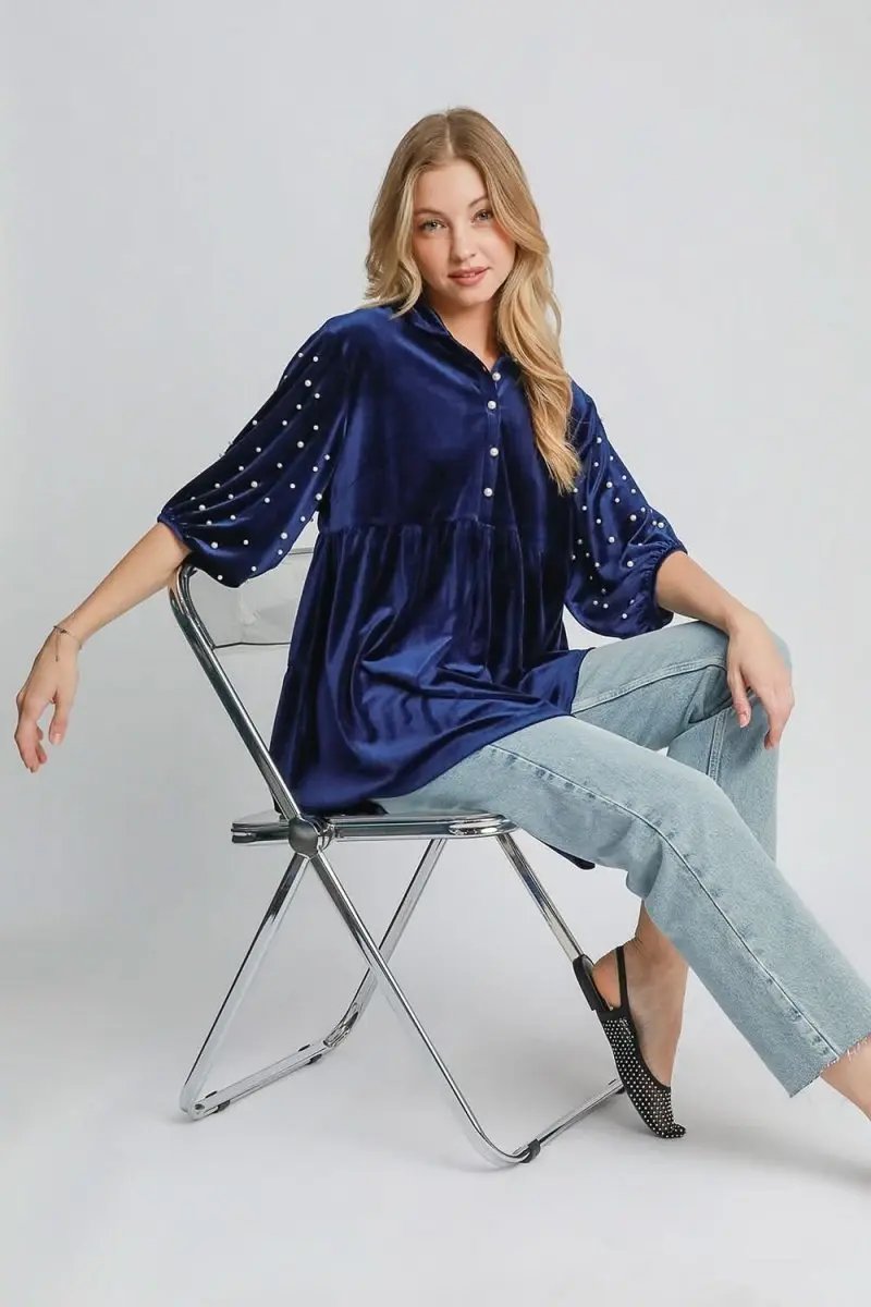 Pants Trendsi Velvet Babydoll Blouse Women's Party Top Pearl Collar Detail