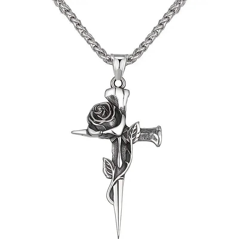 Vintage-Inspired Men's Titanium Steel Pendant Necklace - Unique Keel Chain Design with Cross and Rose Accents