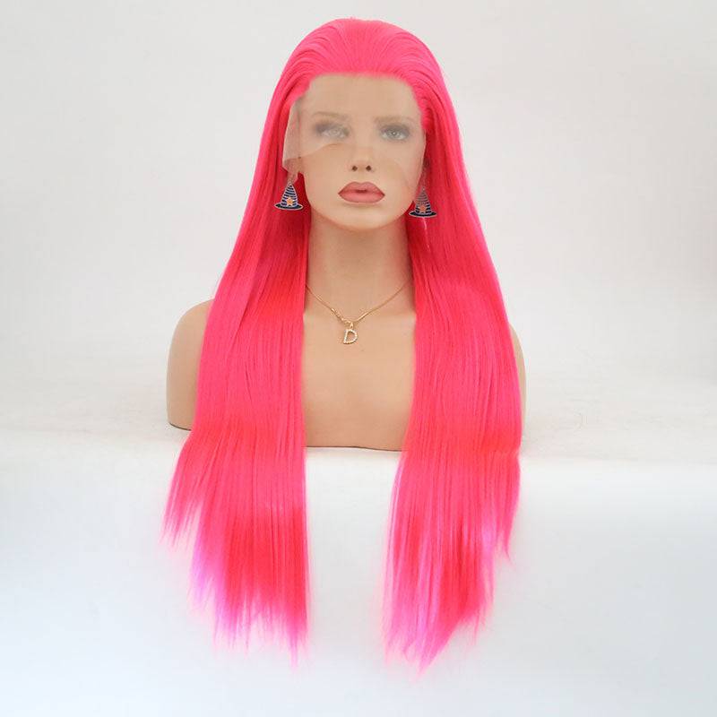 VIP Extensions Hot Pink Straight Synthetic Lace Front Wig, 24", Color 2315
