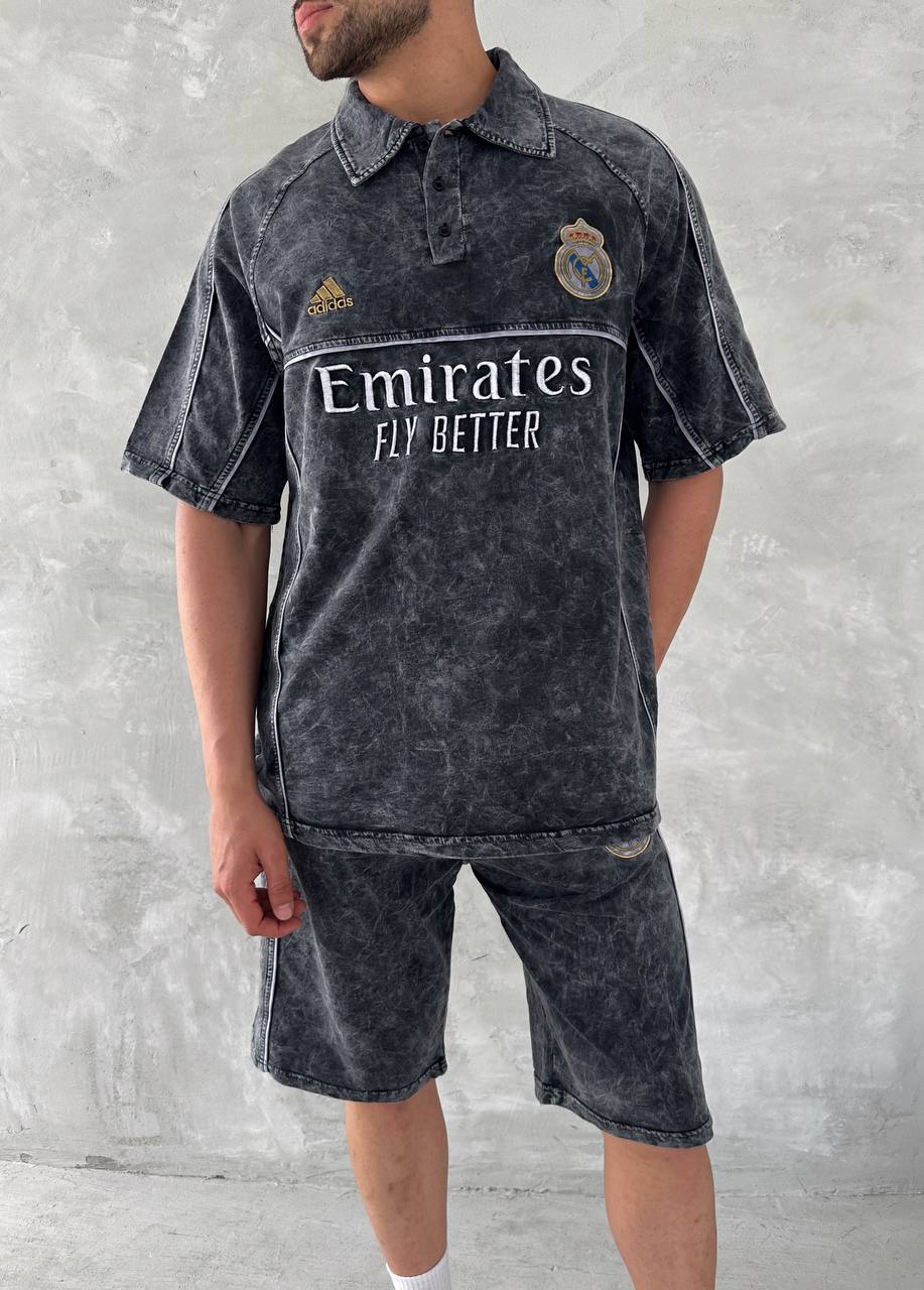 Conjunto de polo y shorts para hombre Washed Club Spirit – Estilo urbano vintage negro y dorado