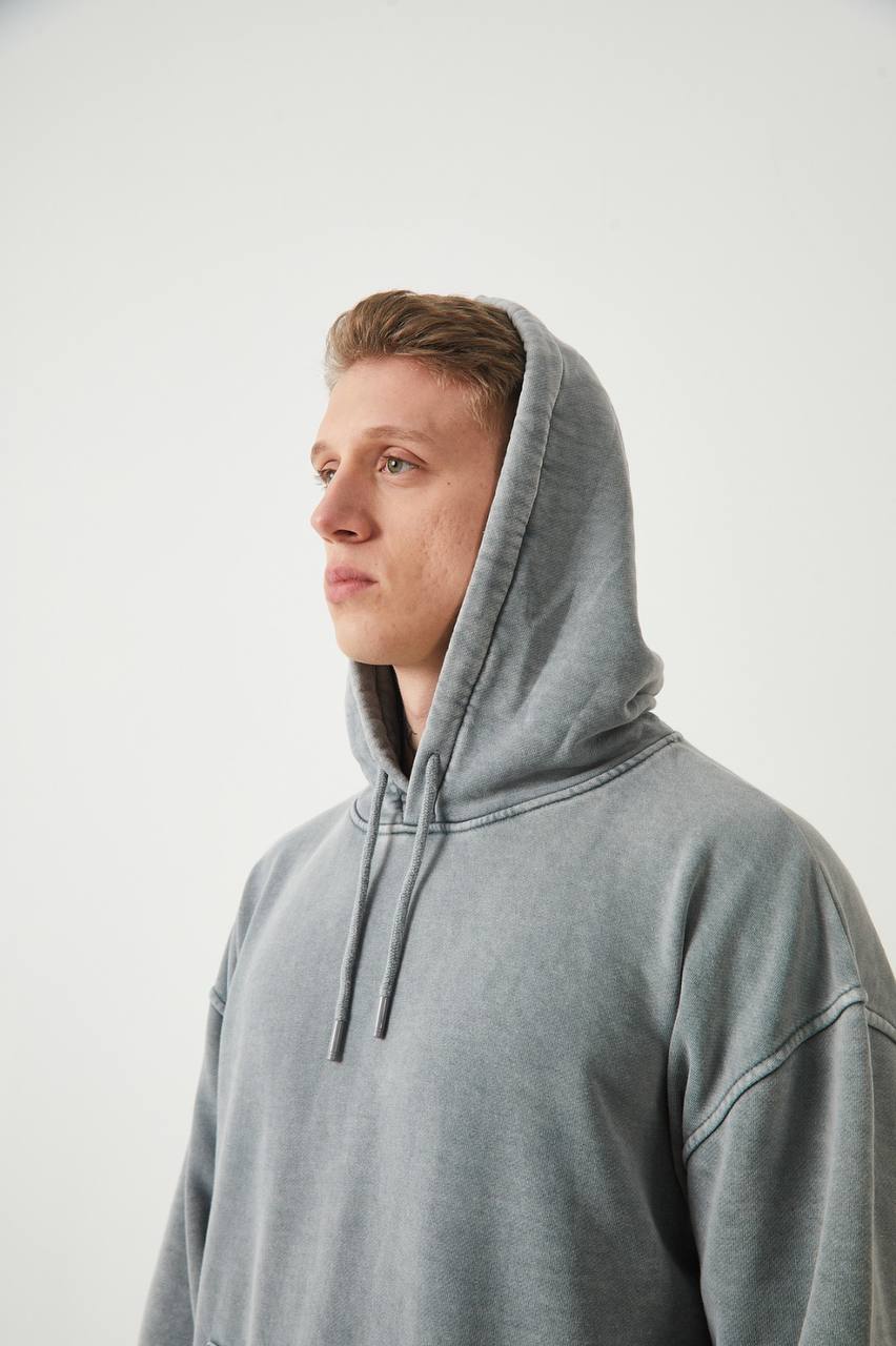 Sudadera con capucha oversize lavada unisex - Sudadera lisa de algodón grueso - Gris