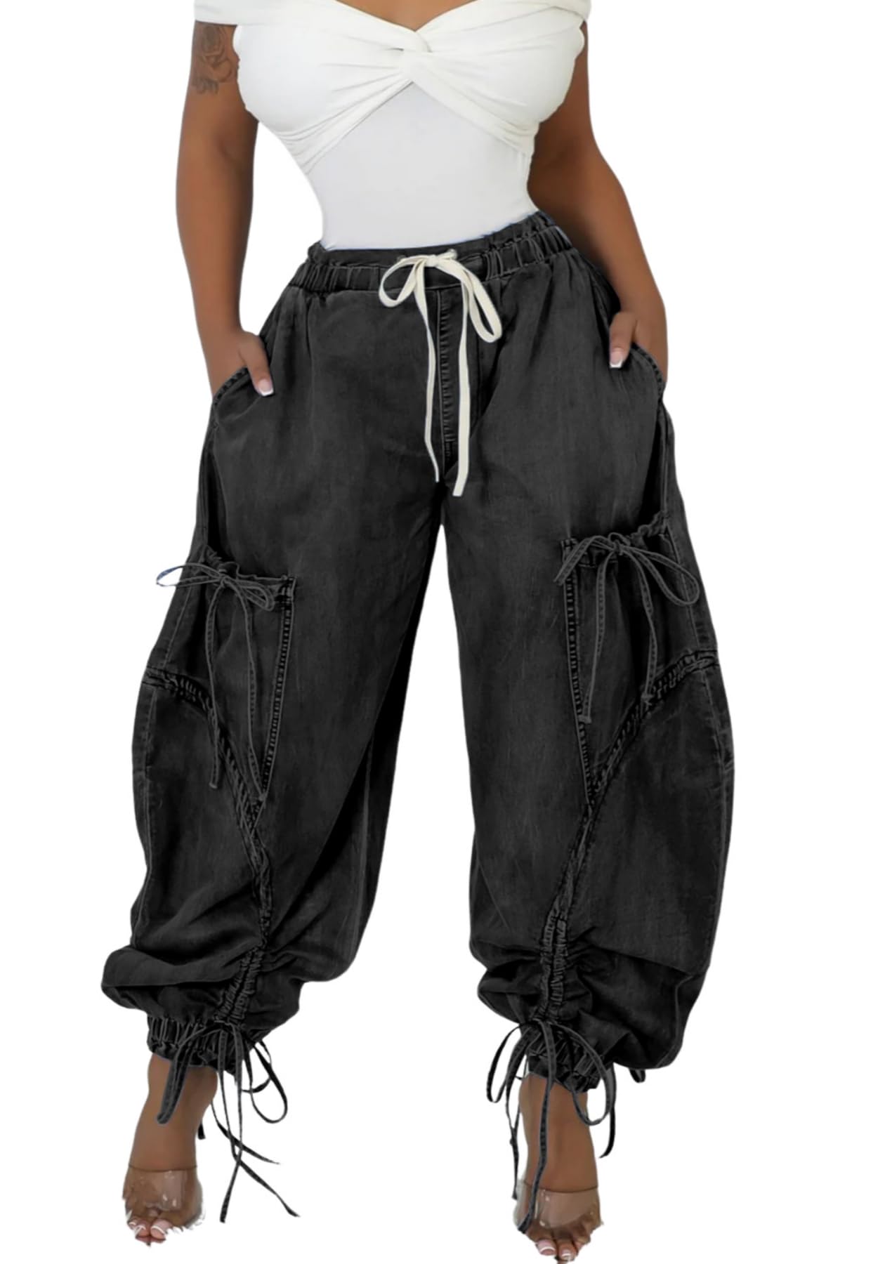 Women's Baggy Cargo Jeans – Elastic Waisted Harem Pants with Bow-Tie Drawstring - # GIAA23410046