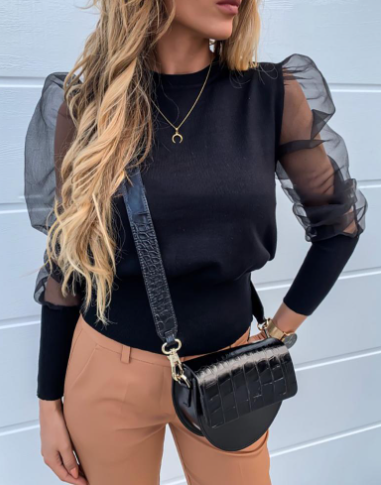 Women's Sheer Mesh Panel Long Sleeve T-Shirt - # GI AA23510047