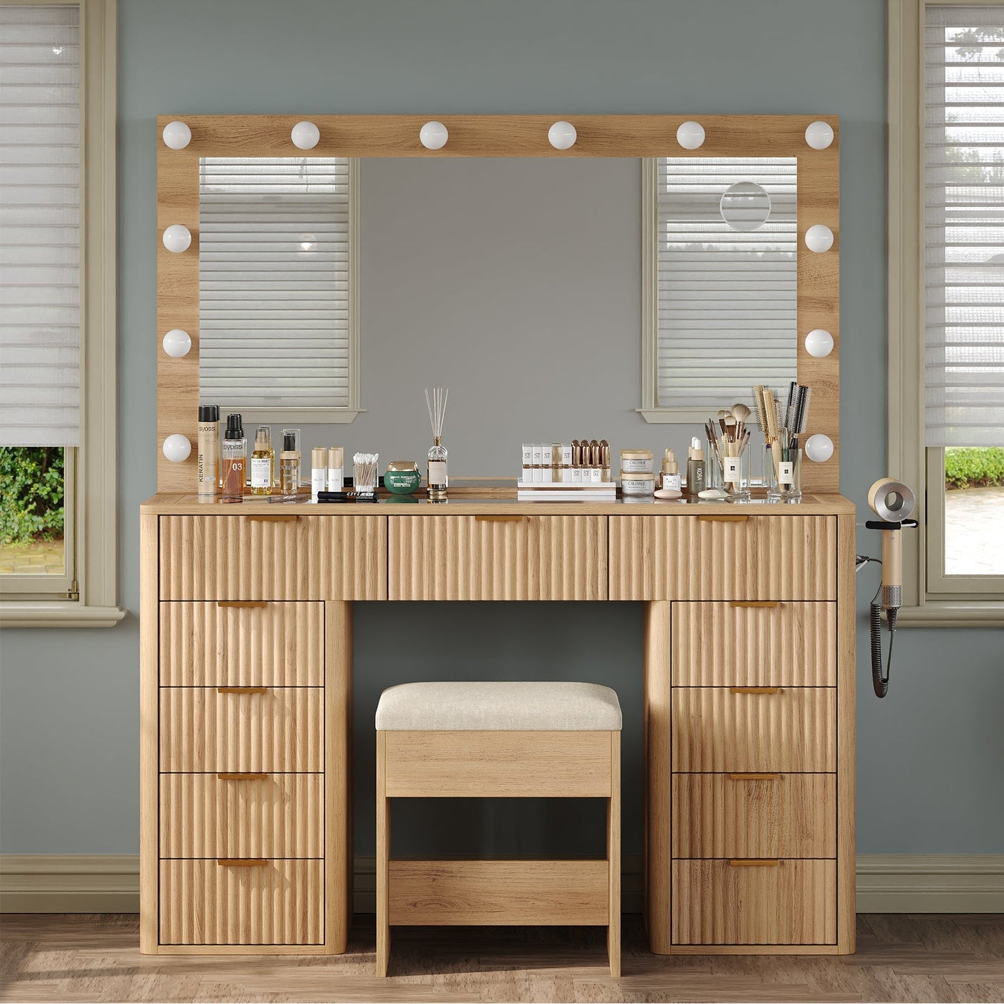 Vektaya US-VD003 Bedroom Makeup Vanity desk with LED Mirror, 11 Drawers
