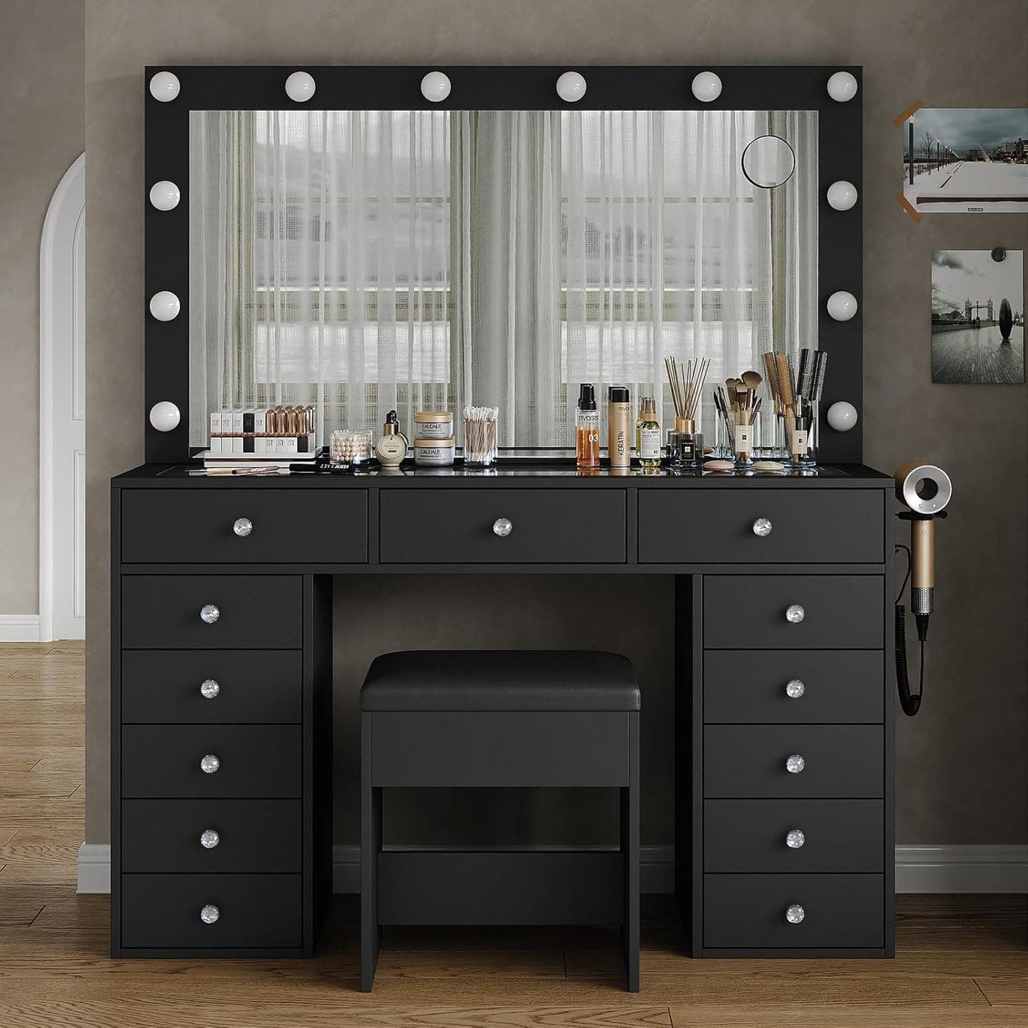 Vektaya US-VD018 Bedroom Makeup Vanity desk with LED Mirror, 13 Drawers