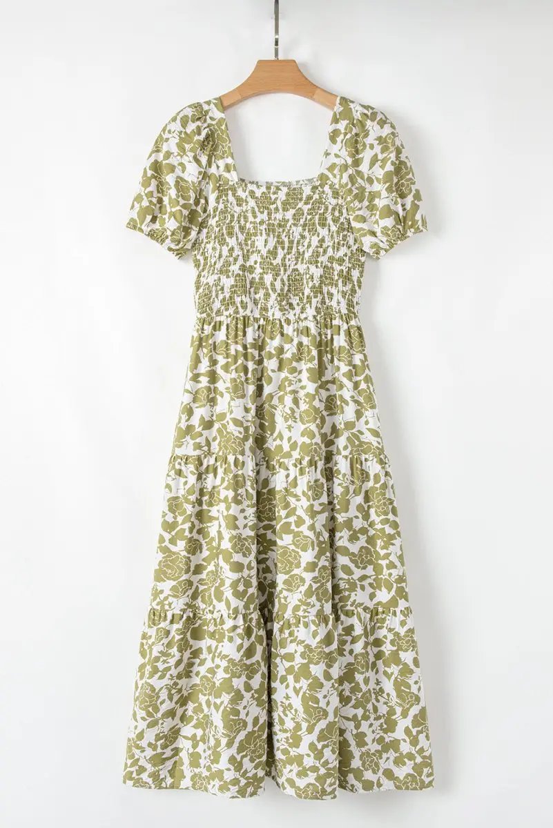 Dresses Love Salve Yellow Floral Dress Daily Wear Women's Mini Smocked, Puff Sleeve