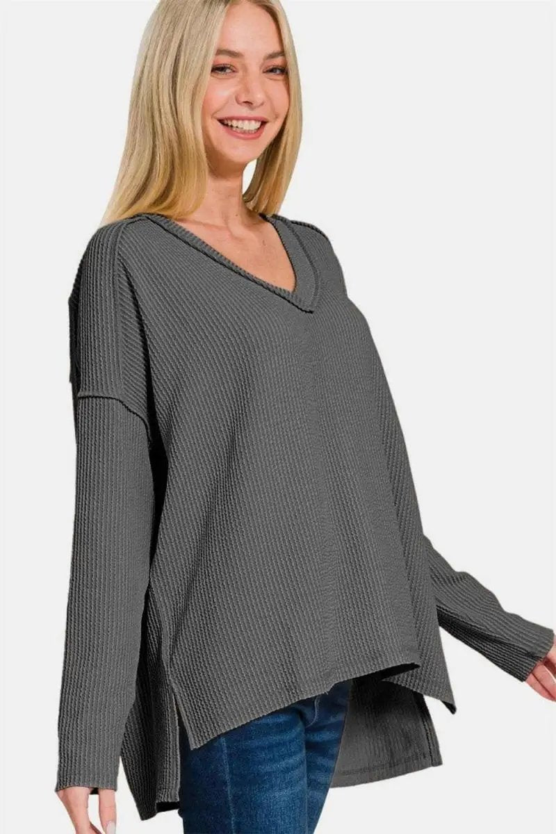 Women's Long Sleeve Top Women's V-Neck Long Sleeve Top - Soft Texture & Unique Seam - Casual Style