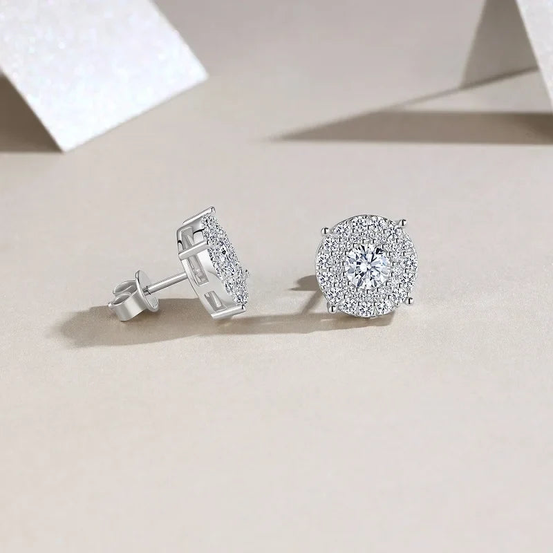 Pavé Cushion Halo Moissanite Stud Earrings in Sterling Silver