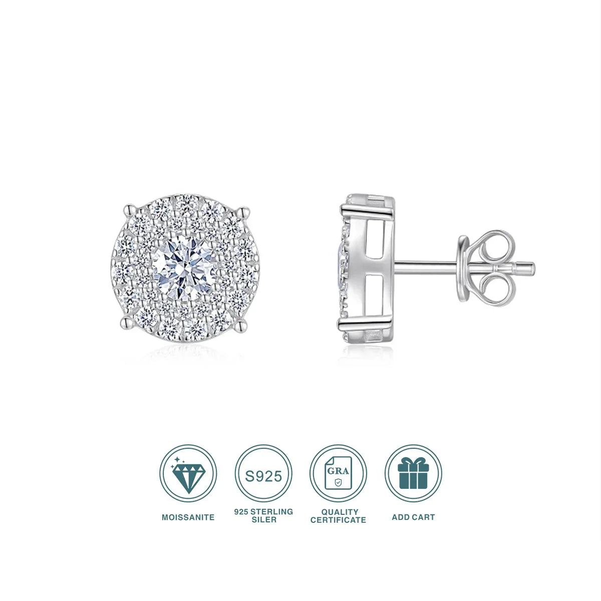 Pavé Cushion Halo Moissanite Stud Earrings in Sterling Silver