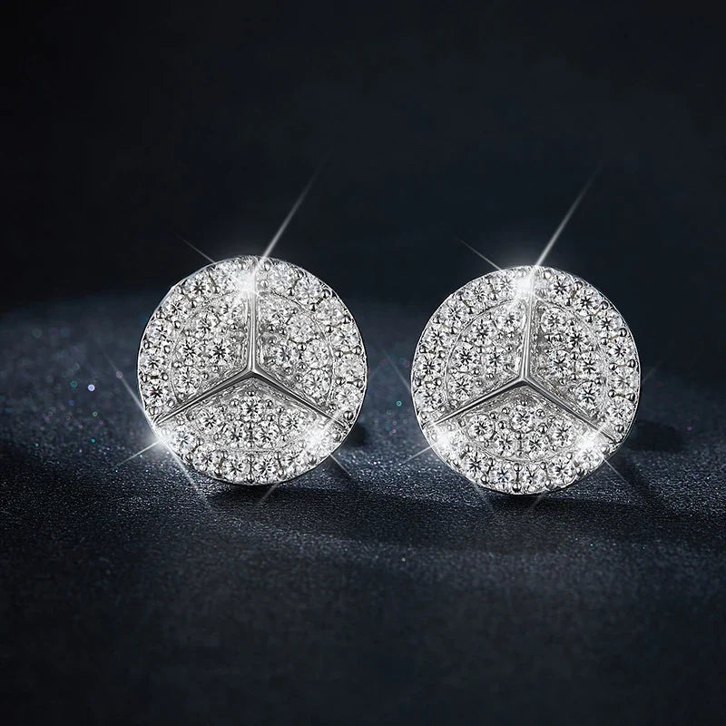 Geometric Round Pavé Moissanite Stud Earrings in Silver