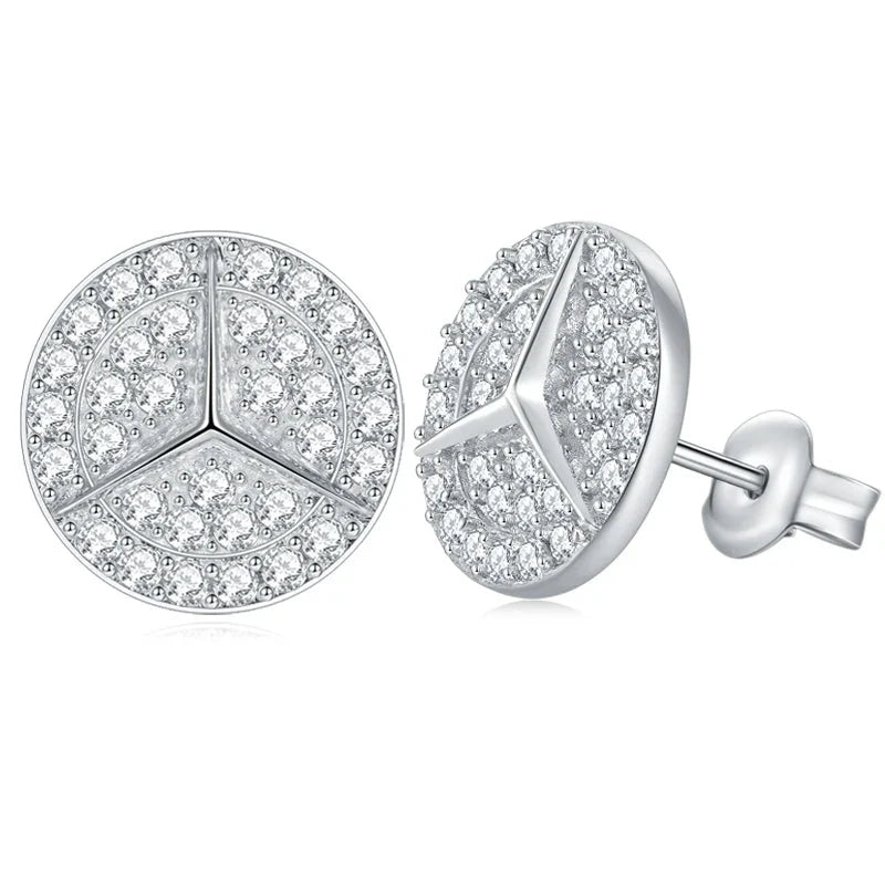 Geometric Round Pavé Moissanite Stud Earrings in Silver