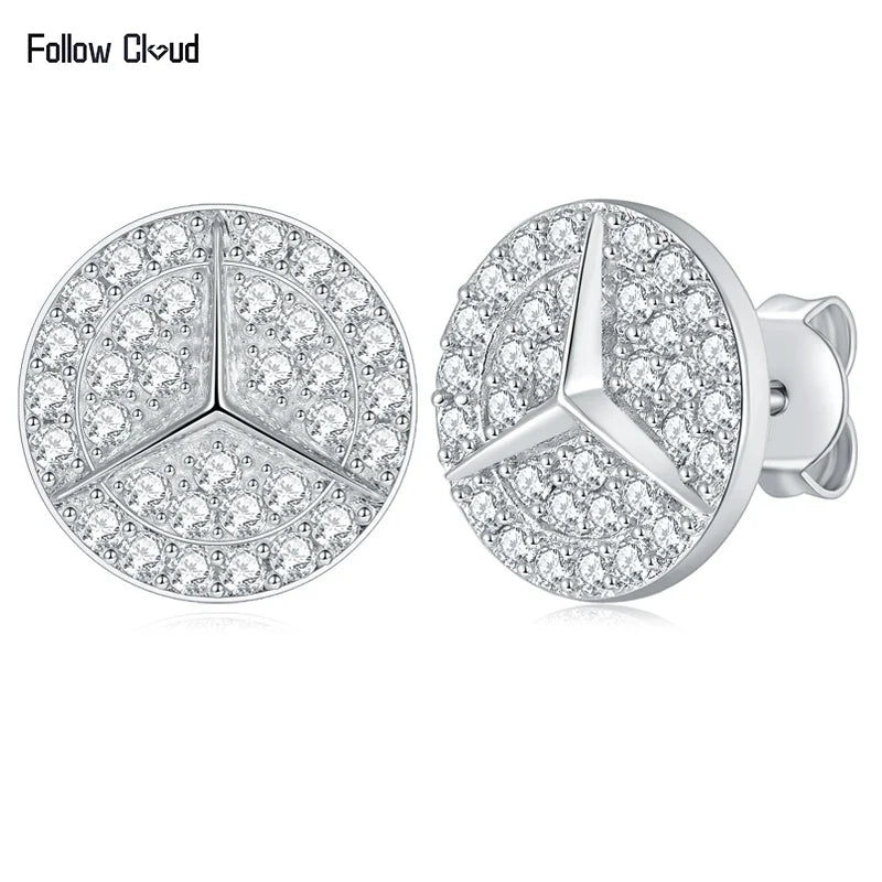 Geometric Round Pavé Moissanite Stud Earrings in Silver