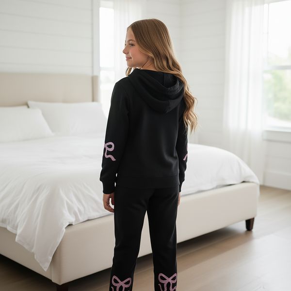 Tweenstyle by Stoopher - Pink Rhinestud Bow Sweatsuit - Black