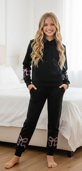 Tweenstyle by Stoopher - Pink Rhinestud Bow Sweatsuit - Black