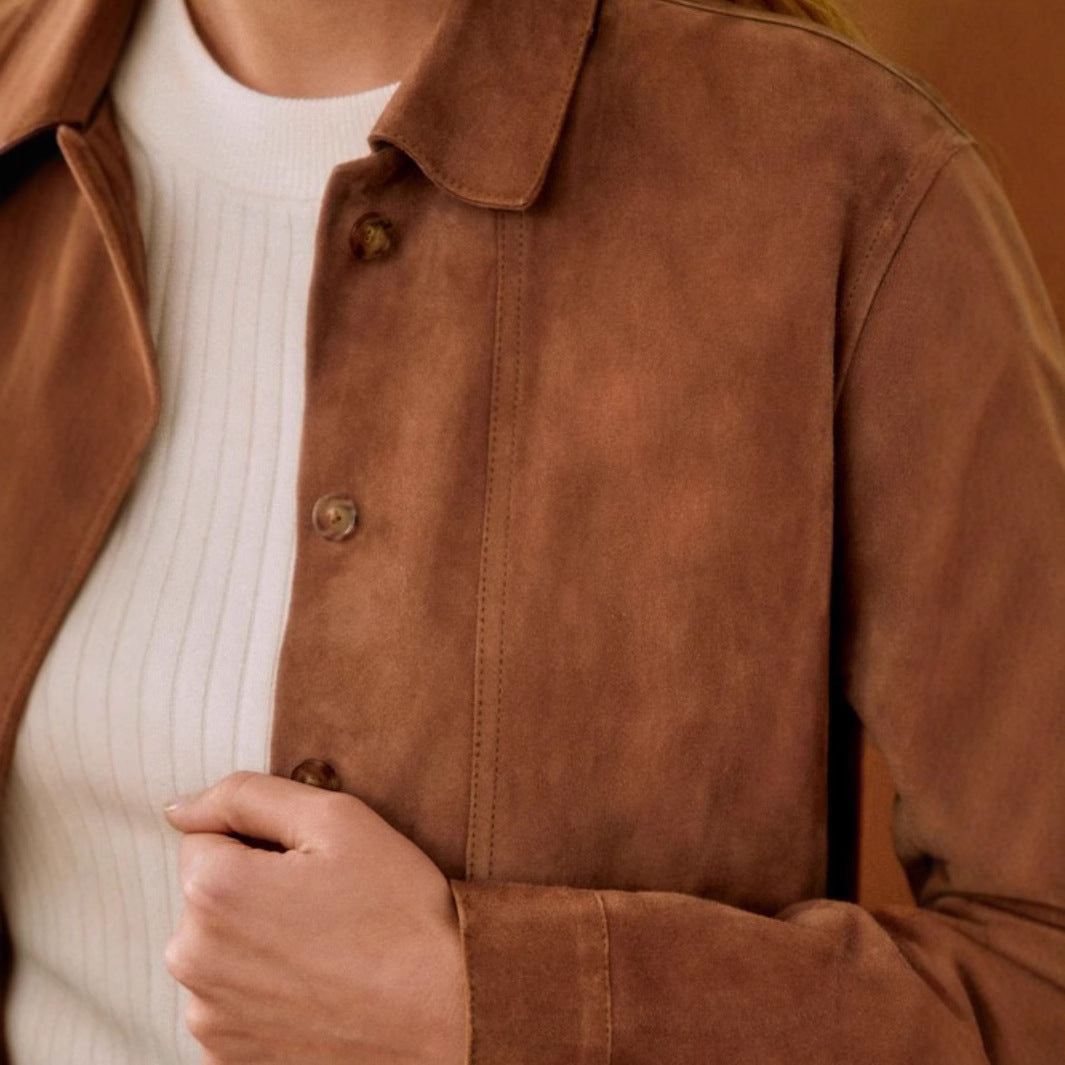 Shawl-collar Suede-like Faux Leather Shirt Jacket