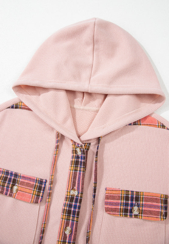 Chaqueta tipo camisa con capucha y cordón, patchwork de cuadros y tejido de gofre