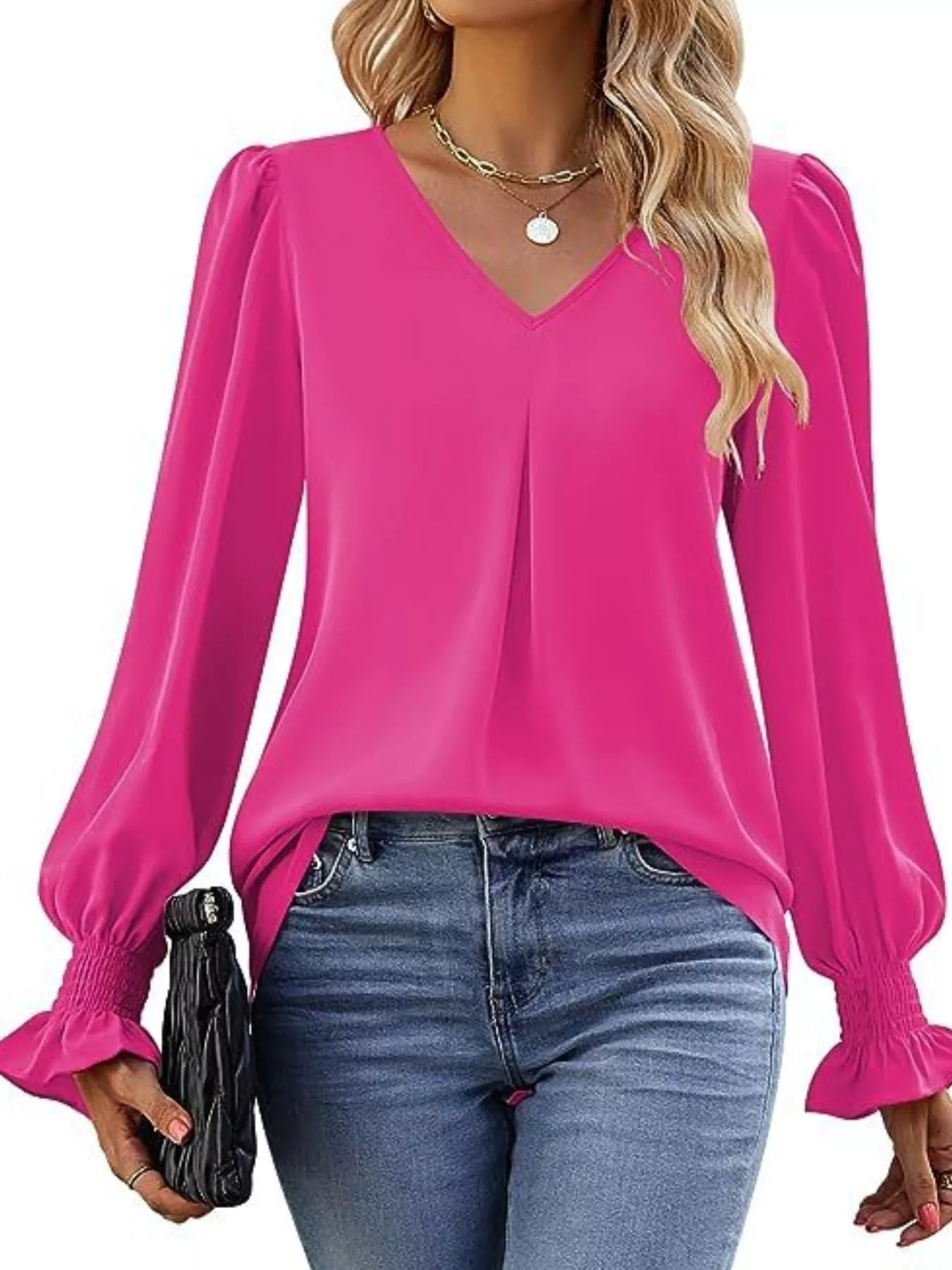 V-Neck Long Sleeve Ruffle Cuff Blouse