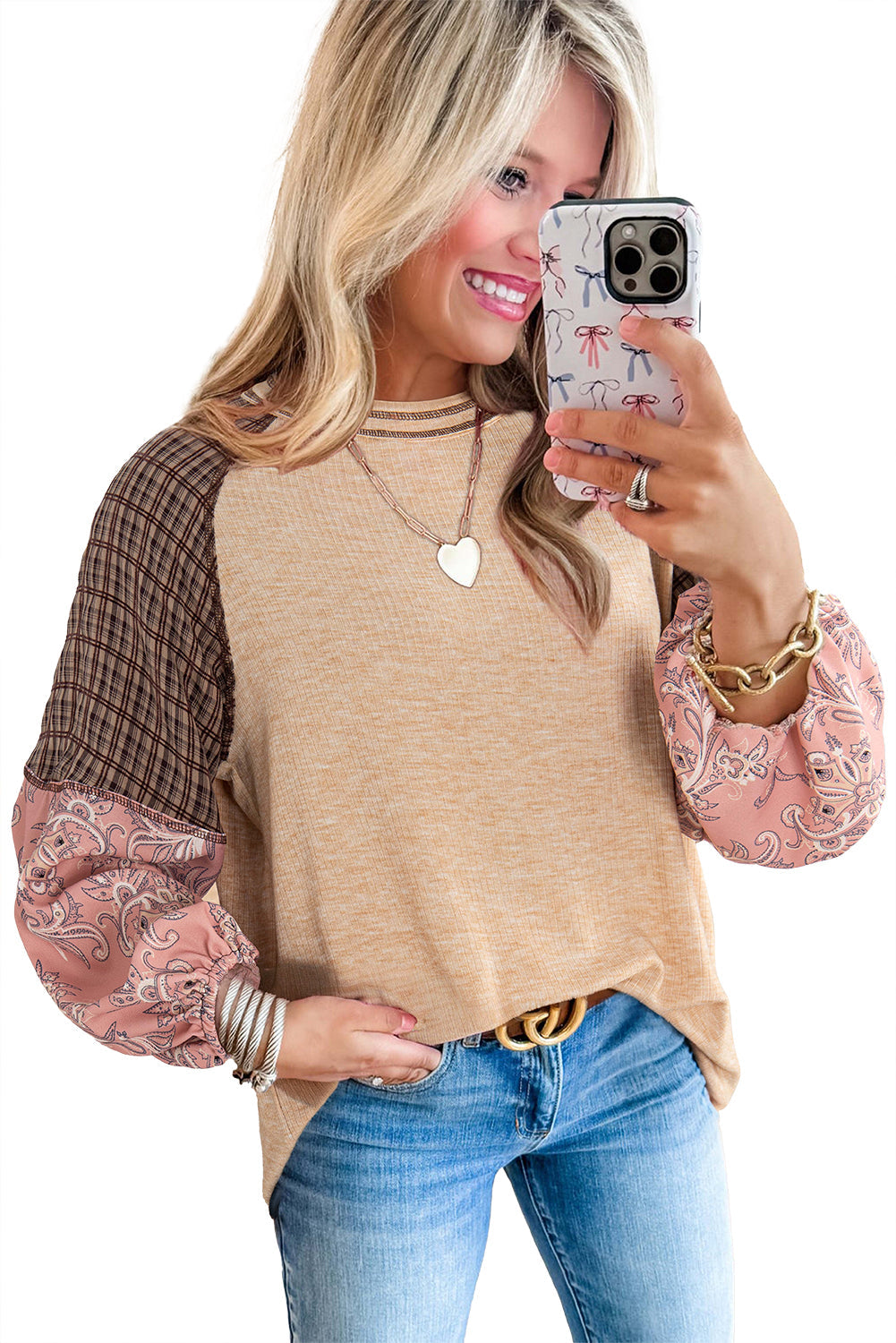 Top de canalé raglán con retazos de estampado mixto a cuadros florales Jet Stream