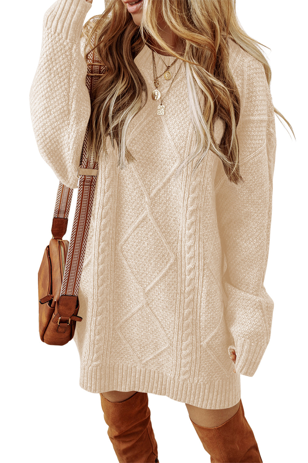 Vestido de punto de cable holgado con hombros caídos Parchment Twist