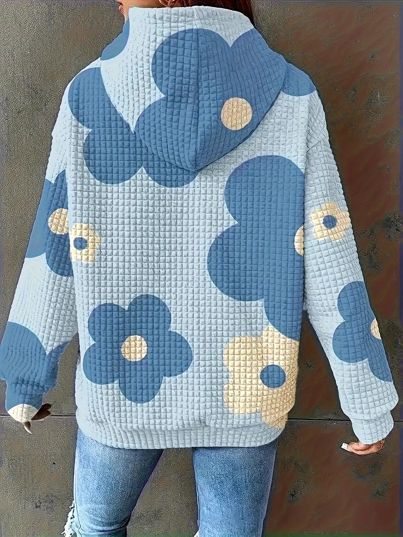 Sudadera con capucha y cordón con textura y estampado floral
