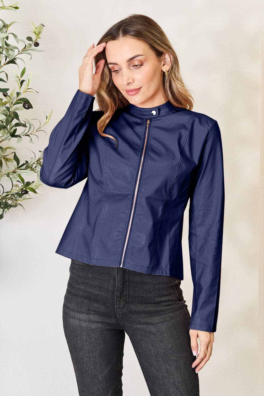 Trendsi Mock Neck Zip-Up Jacket Black