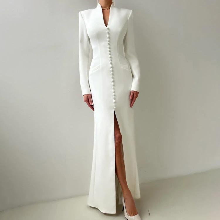 V-neck Long Sleeve High Waist Slit French Dress