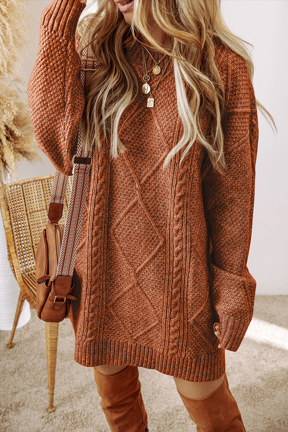 Vestido de punto de cable holgado con hombros caídos Parchment Twist