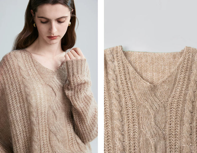 Mohair V-neck Cable Knit Sweater