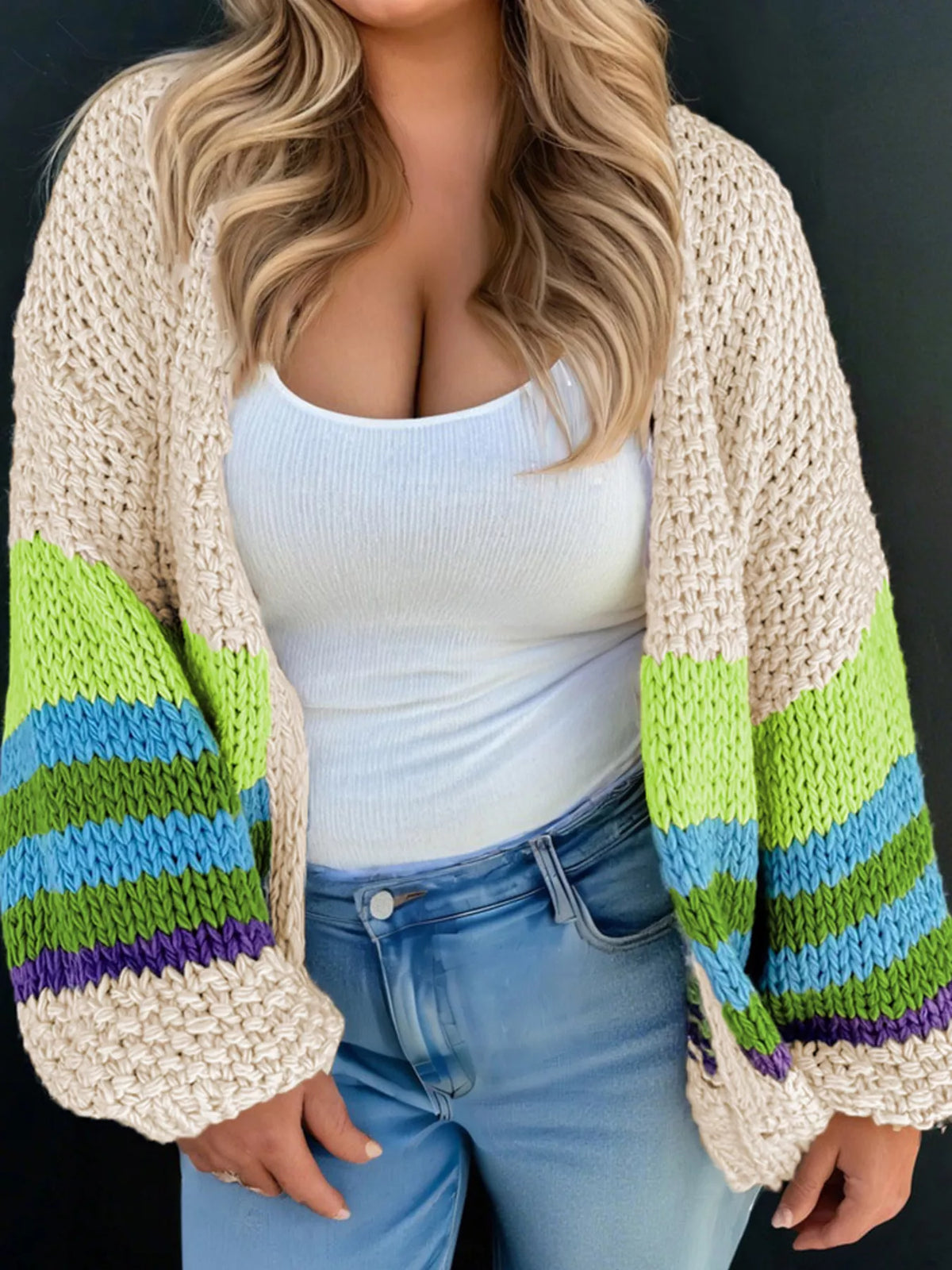 Plus Size Color Block Crochet Open Front Cardigan