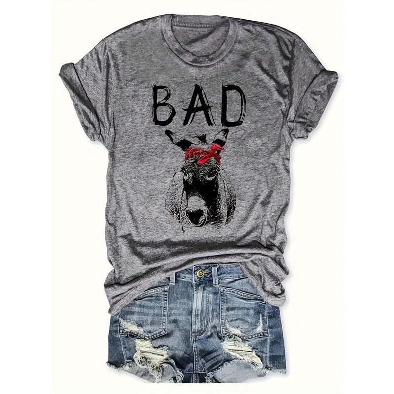 Camiseta casual de manga corta con estampado de letras de animales para mujer