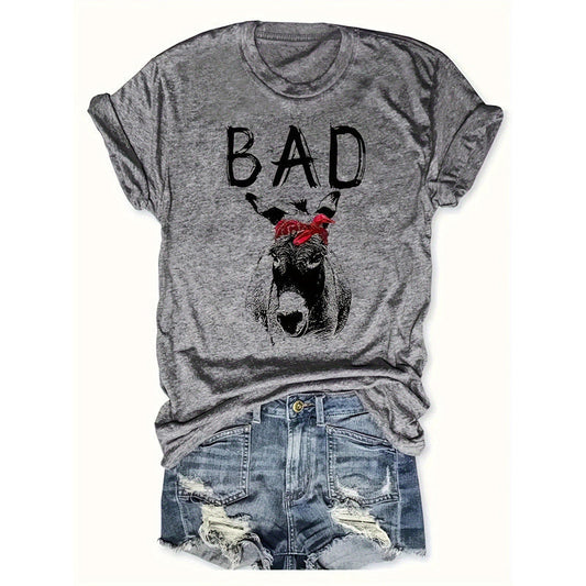 Camiseta casual de manga corta con estampado de letras de animales para mujer