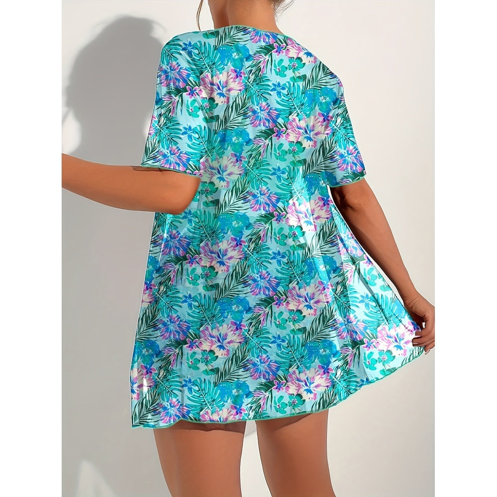 Traje de baño de tres piezas con bikini de talle alto y estampado adelgazante