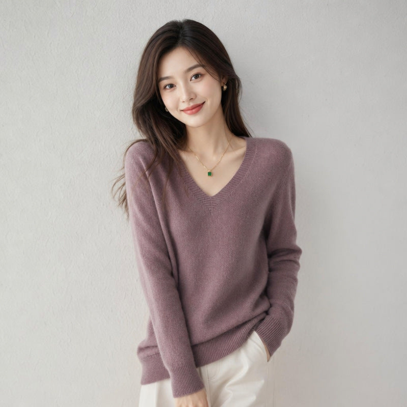 Women's V-neck Long-sleeve Pullover Knit Sweater