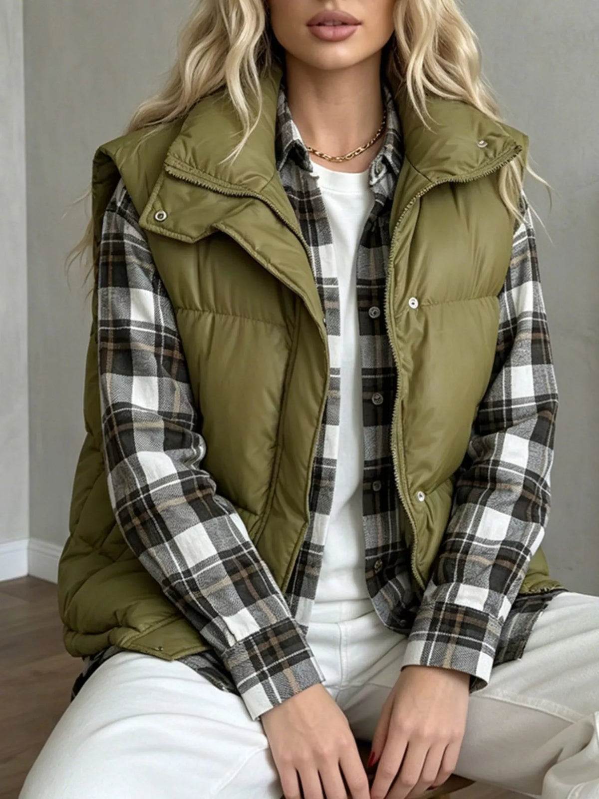 Snap-Button Placket Quilted Puffer Vest Coat