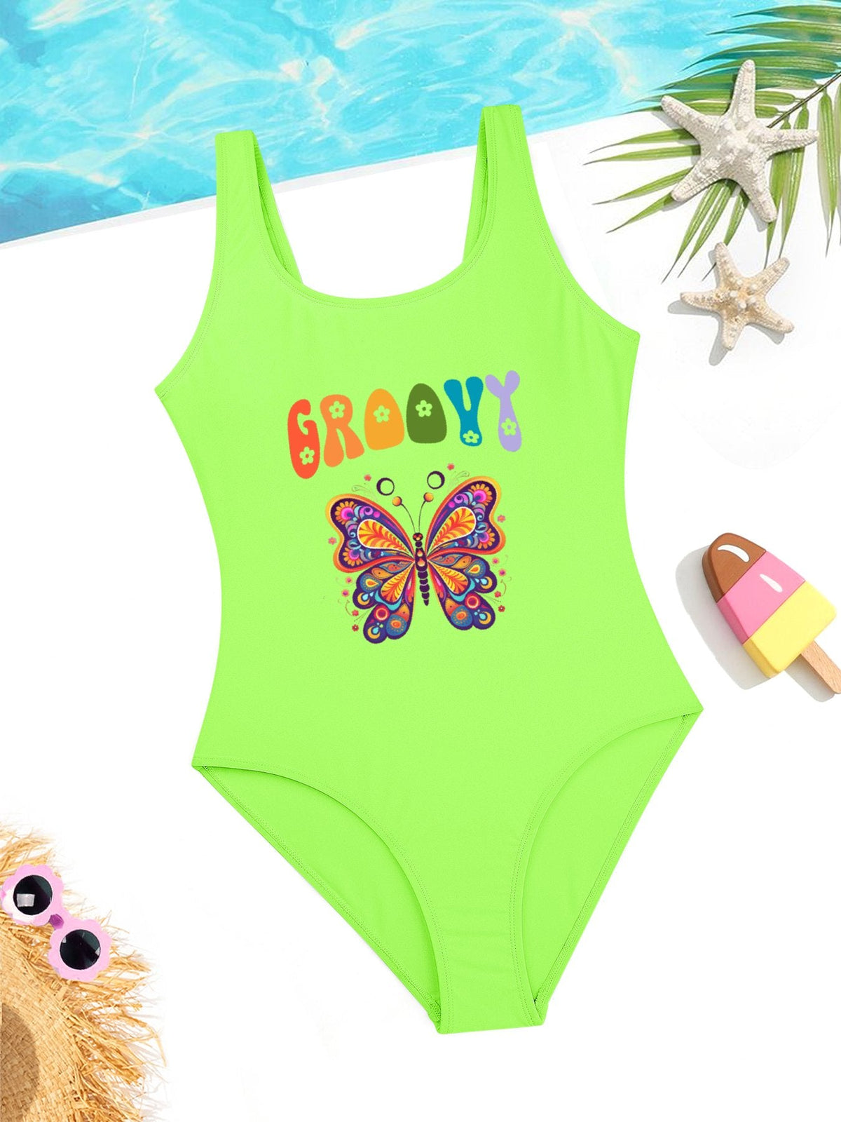 Groovy Butterfly Girls' Summer One-Piece Swimsuit (Front Printing)