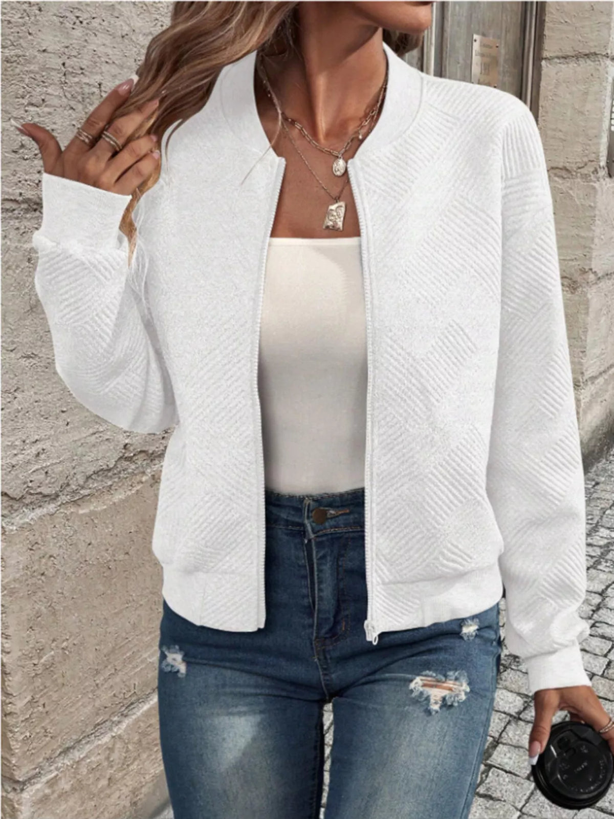 Textured Knit Zip-Up Bomber Jacket