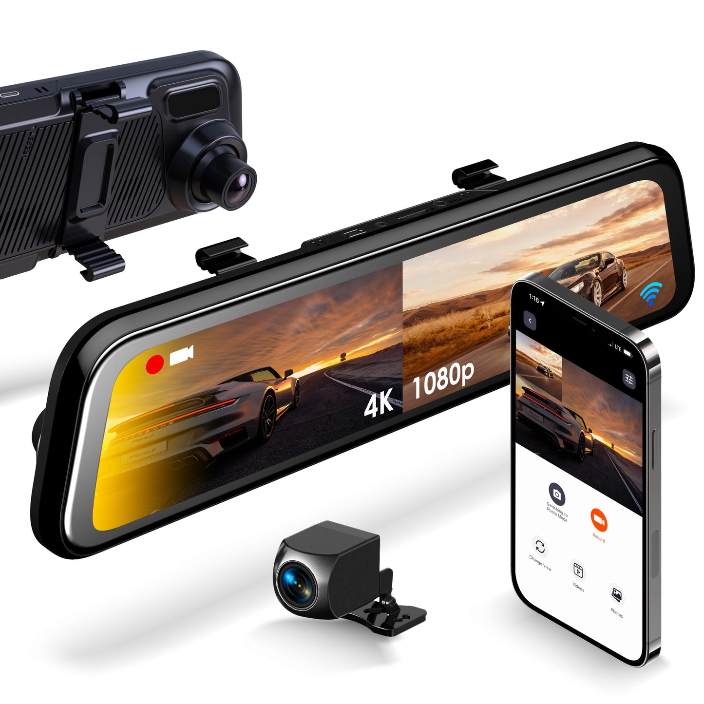 RexingUSA M2 MAX – Cámara de salpicadero de espejo de 2 canales con pantalla táctil IPS de 12”, 4K + 1080p, Wi-Fi, GPS, ADAS, grabación en bucle, cámara de respaldo, modo de estacionamiento, detección de colisiones