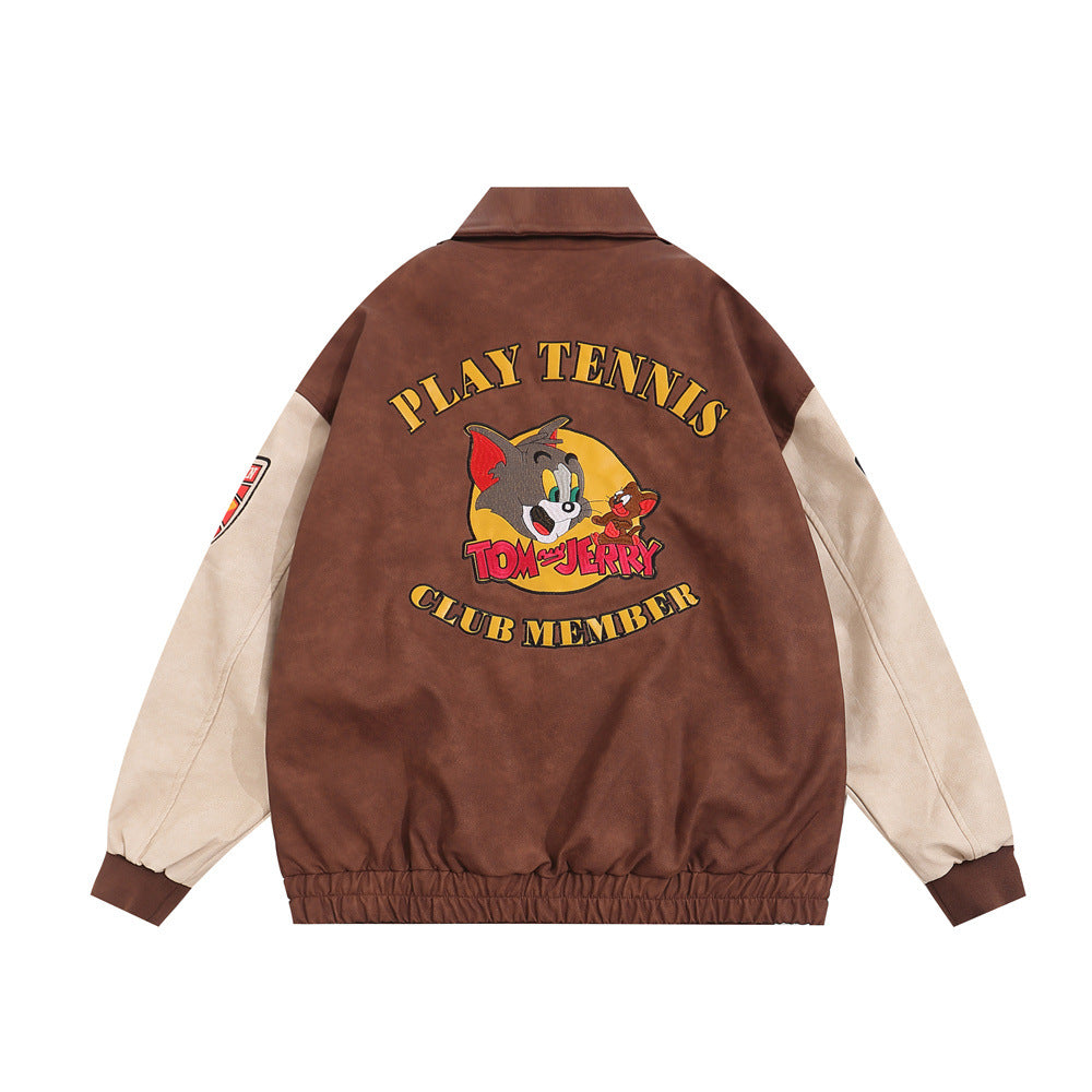 Men's Cartoon Embroidered Cat and Mouse Baseball Jacket